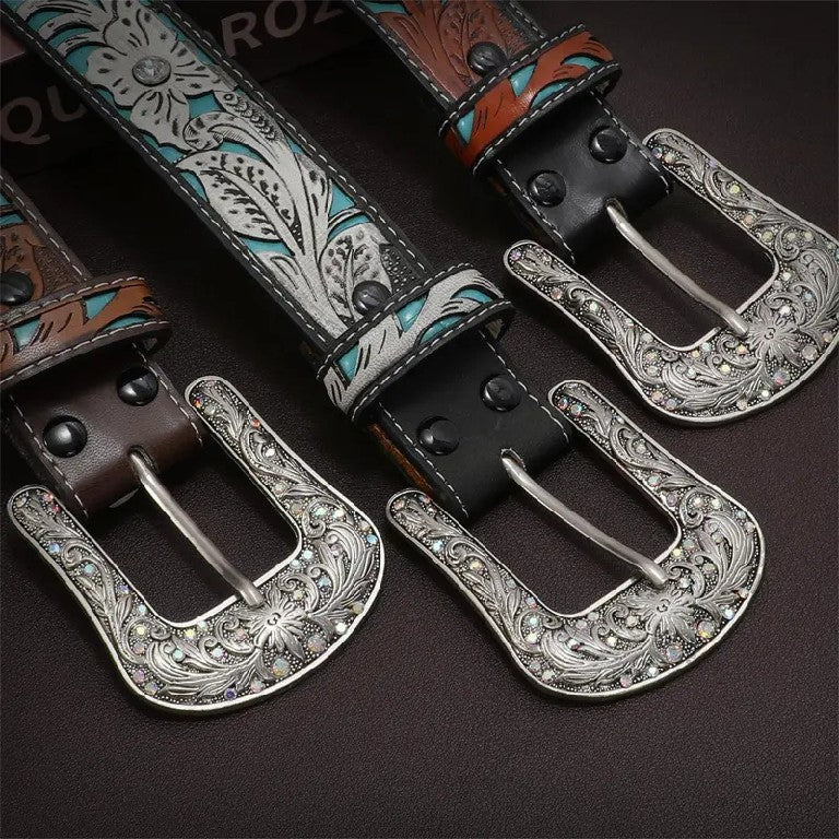 Embossed Crystal Leather Belt