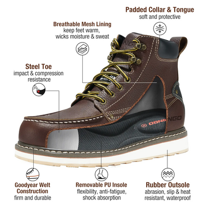 Men's 6 Inch Steel Toe Work Boots Waterproof Slip Resistant Construction Boots Industrial Safety Shoes