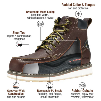 Men's 6 Inch Steel Toe Work Boots Waterproof Slip Resistant Construction Boots Industrial Safety Shoes